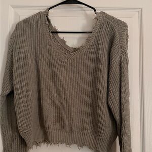 Frayed Hem Knit Sweater - Gray